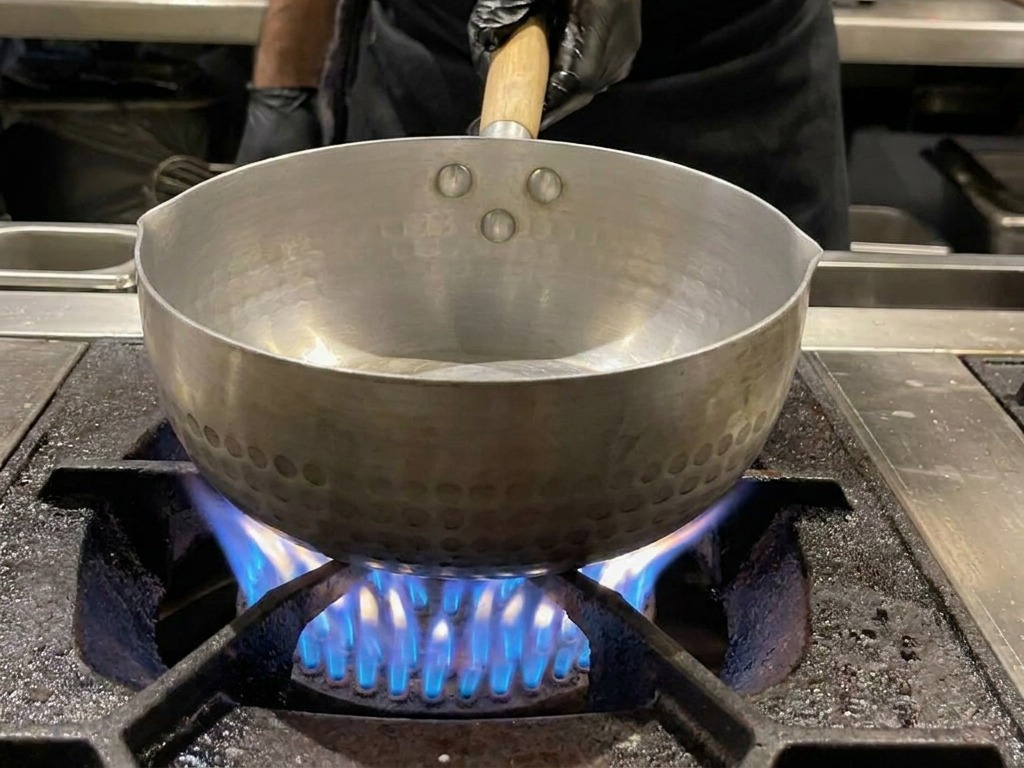 Une casserole en inox sur un feu de cuisine contenant un bouillon de porc blanc laiteux.