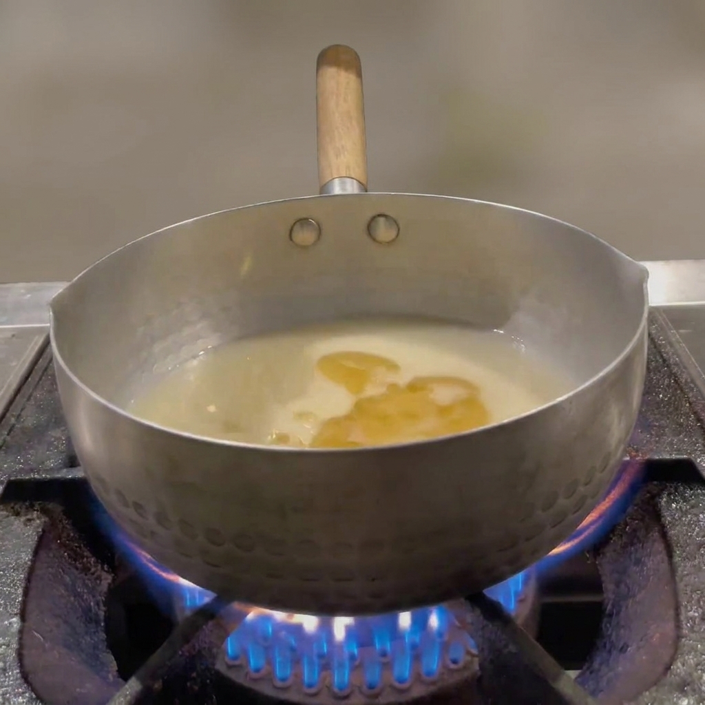 Une personne versant un mélange de fécule blanche dans la sauce frémissante.