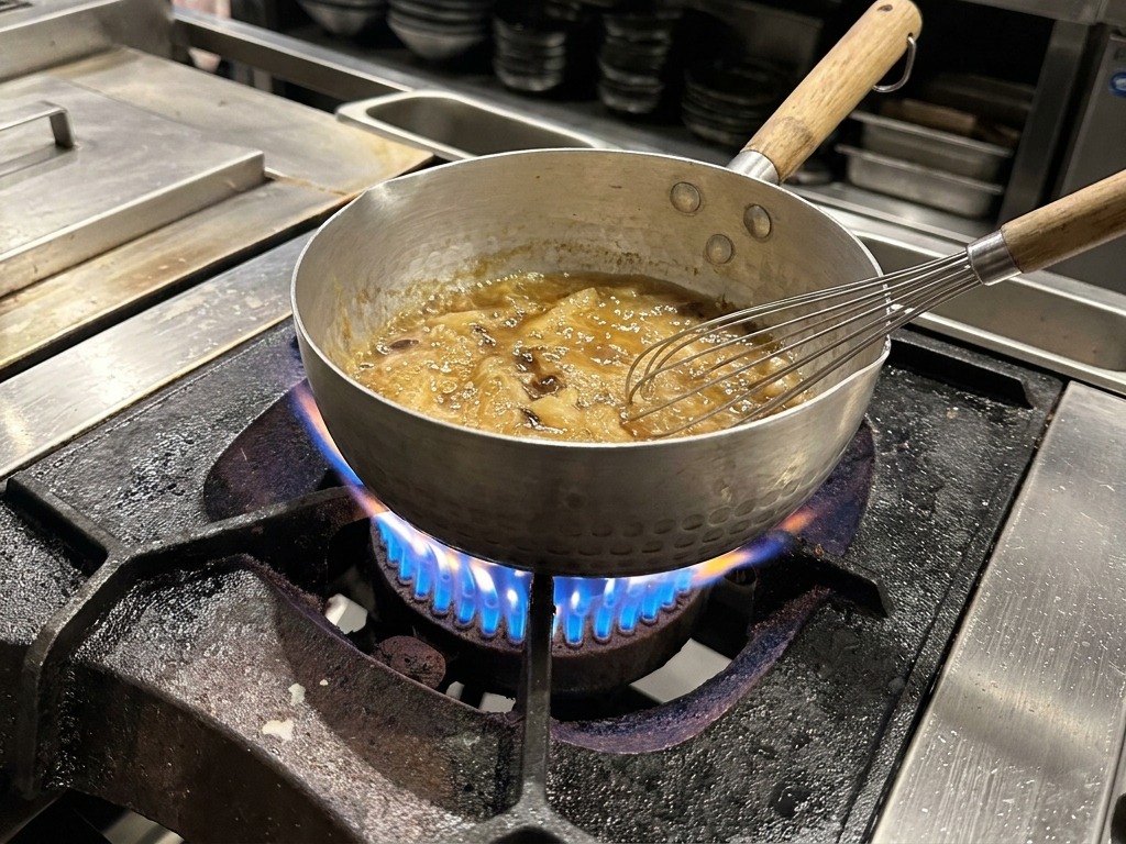 Un fouet mélangeant une sauce épaisse et sombre sur le feu.