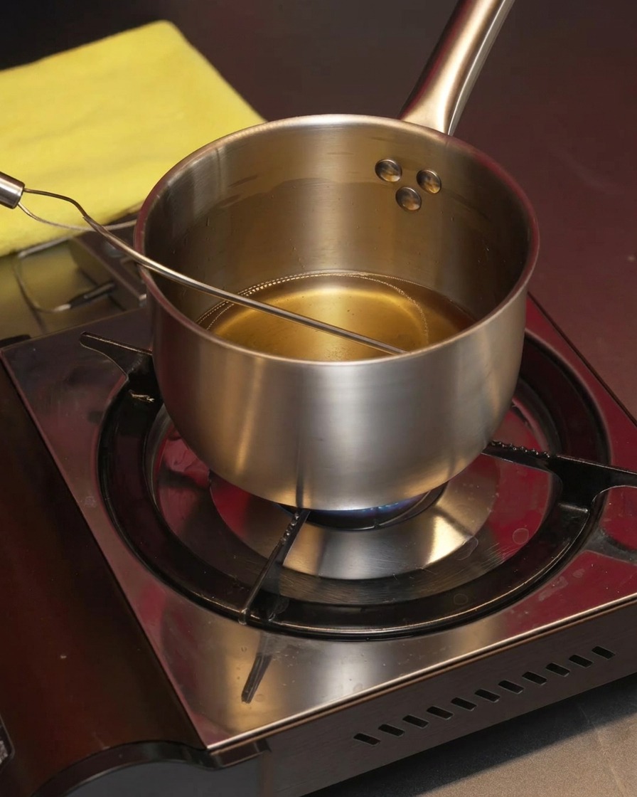 Une casserole en inox sur une cuisinière contenant du saindoux fondu et translucide.