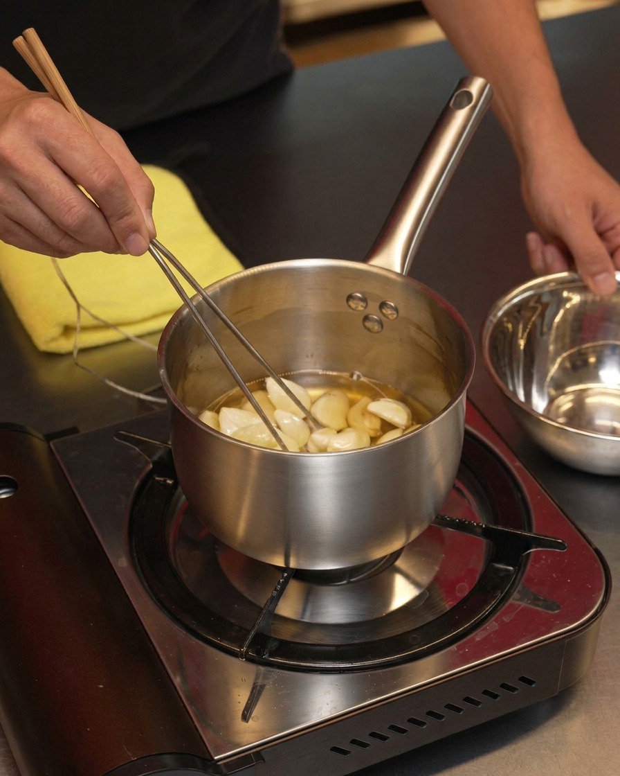 Gousses dail pelées remuées avec des baguettes dans une casserole dhuile chaude.