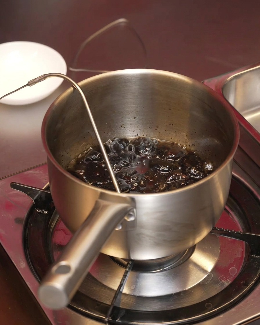 Gousses dail noirci bouillonnant dans lhuile dans une casserole avec une sonde thermique.