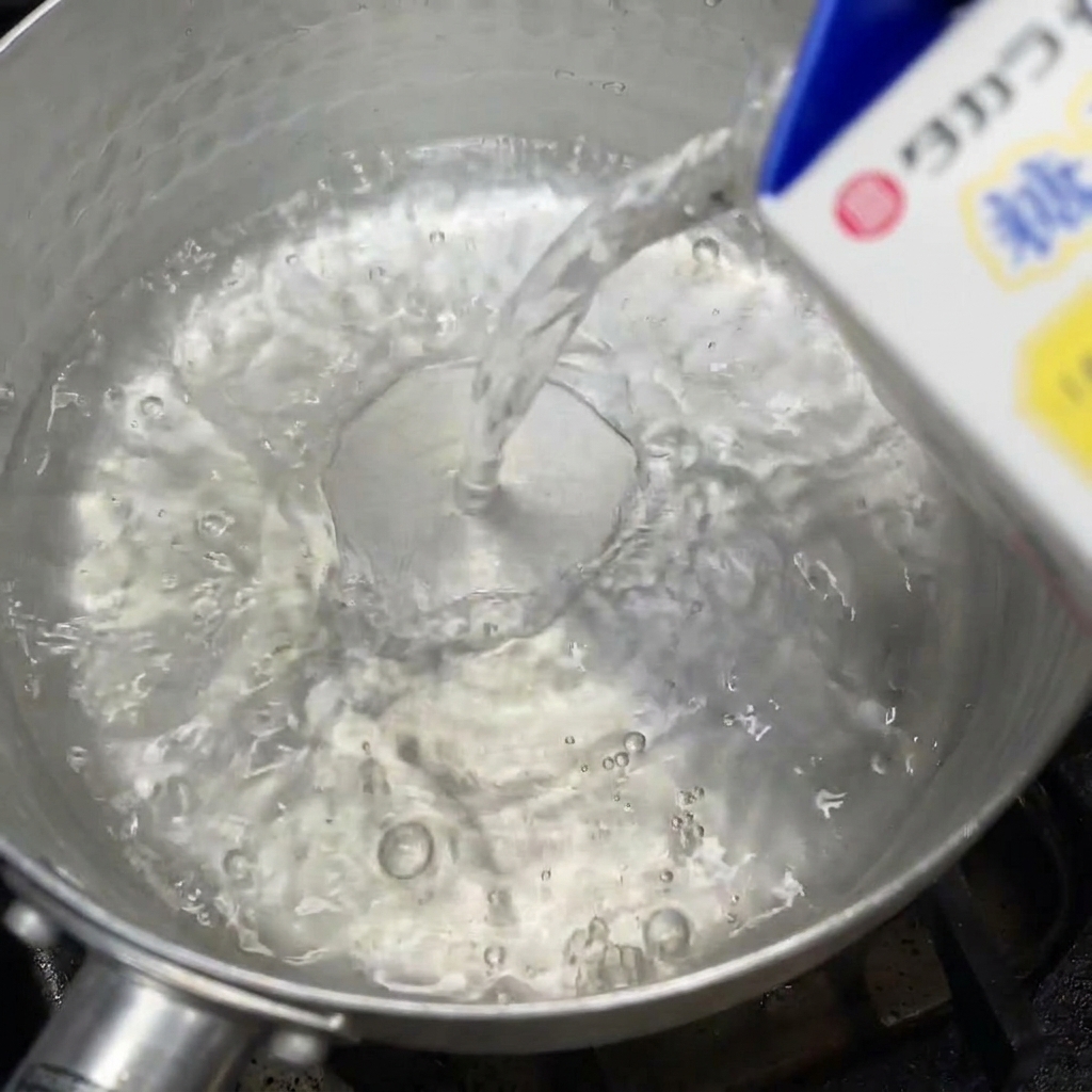Un filet de saké clair versé dans une petite casserole contenant déjà de la sauce soja sur une cuisinière.