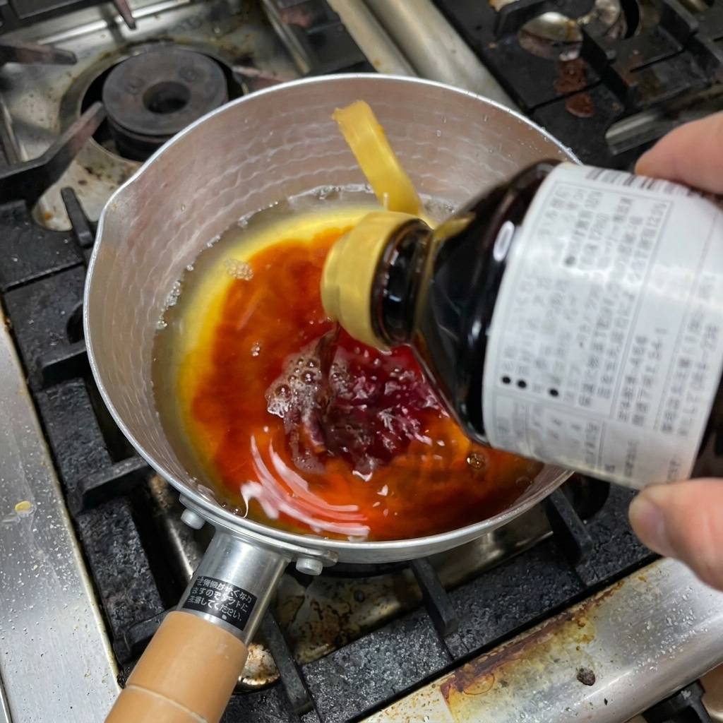 Sauce soja foncée versée dune bouteille dans une casserole avec des liquides plus clairs, créant des volutes sombres.
