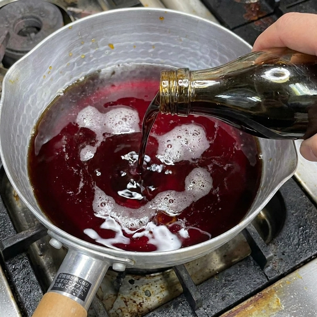 Un liquide sombre dans une casserole surmonté de sucre et de flocons de bonite avec de petites bulles à la surface.