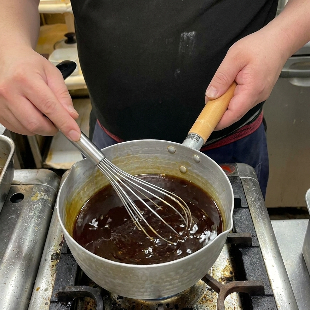 Une personne utilisant un fouet pour remuer une sauce sombre et bouillonnante dans une petite casserole en métal.