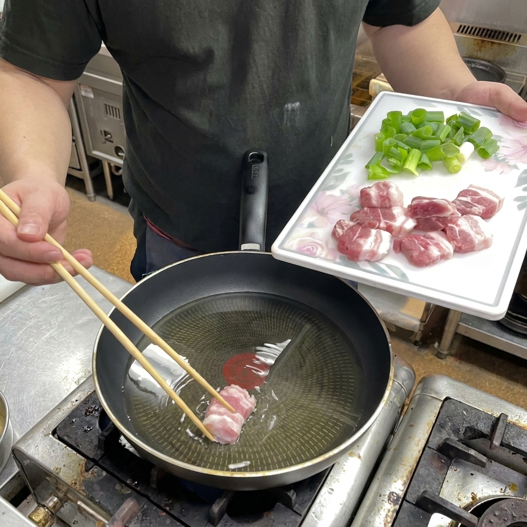 Une personne utilisant des baguettes en bois pour placer des tranches de poitrine de porc crues dans une poêle.