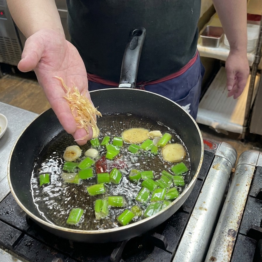 La main dune personne saupoudrant des crevettes séchées dans une poêle contenant des aromates crépitants.