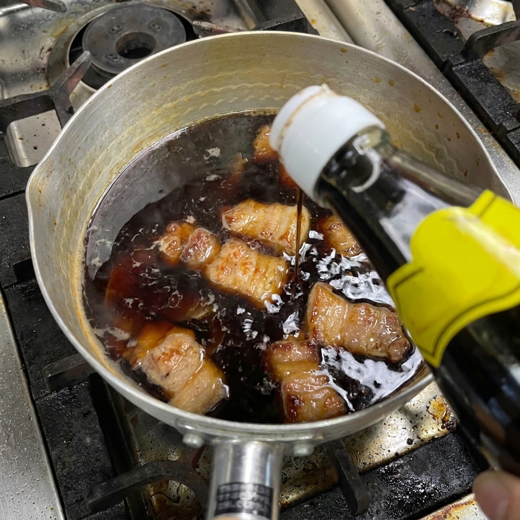 Un liquide sombre versé dune bouteille en verre dans une casserole de morceaux de porc braisé.