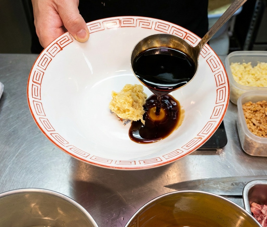 Une louche en acier inoxydable versant une tare de sauce soja sombre et brillante dans un bol à ramen blanc.