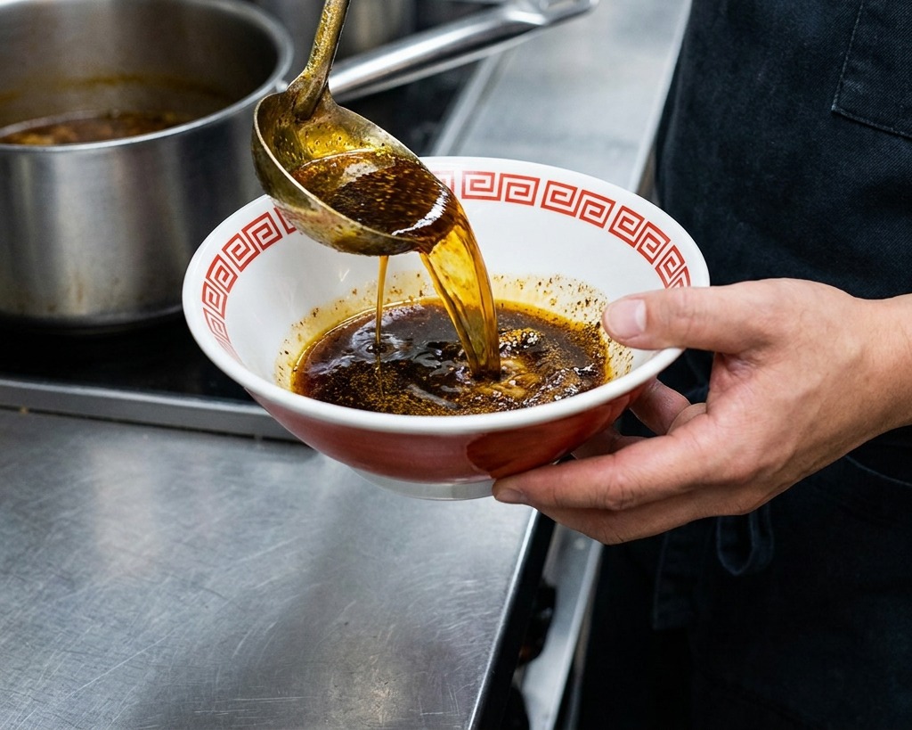 Une main saupoudrant des oignons verts hachés dans un bol contenant la sauce sombre et les épices.