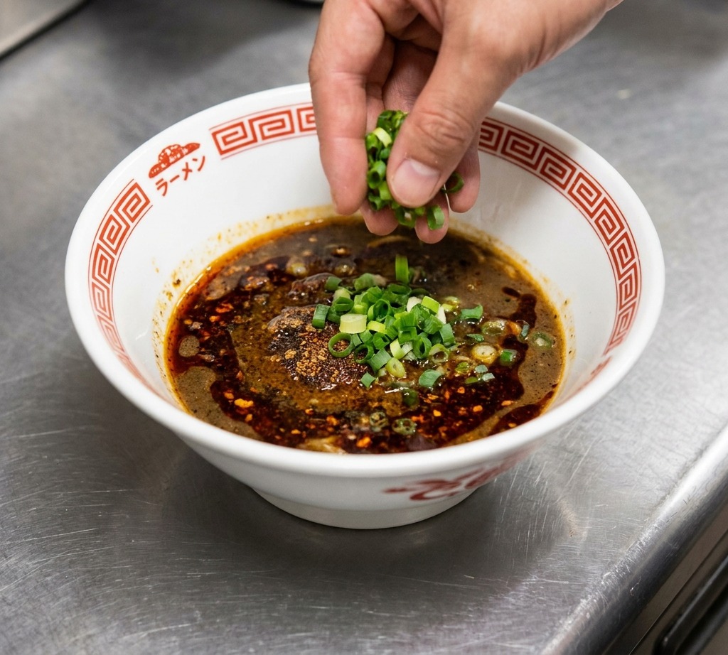 Bouillon de poulet doré versé dune louche dans un bol, se mélangeant à la tare pour créer une soupe brune riche.