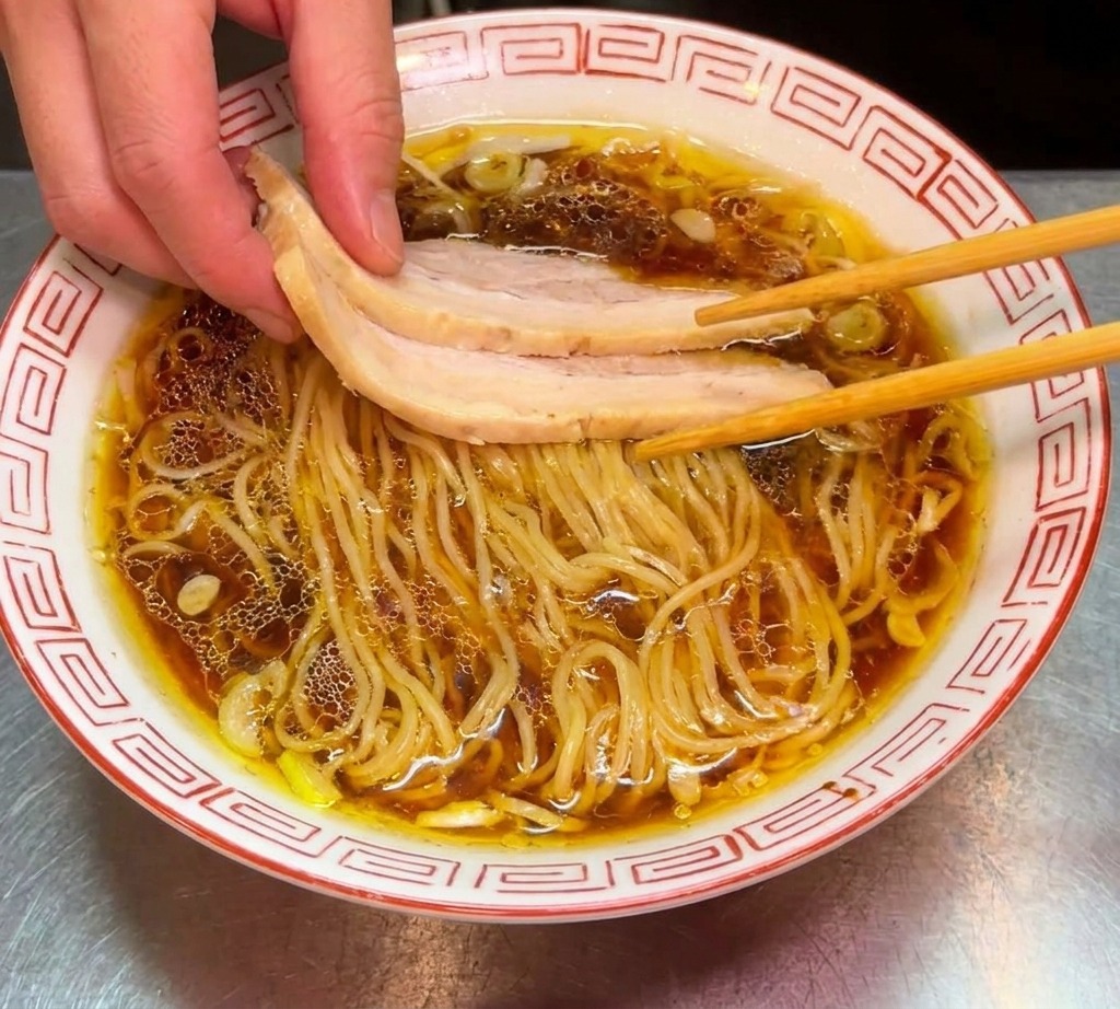Un bol de ramen avec un petit tas dépinards verts frais ajouté sur le côté gauche.