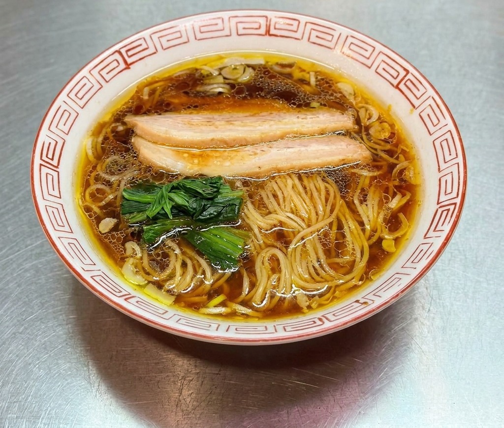 Un bol de ramen presque terminé sur lequel on ajoute des pousses de bambou brunes et dautres garnitures.
