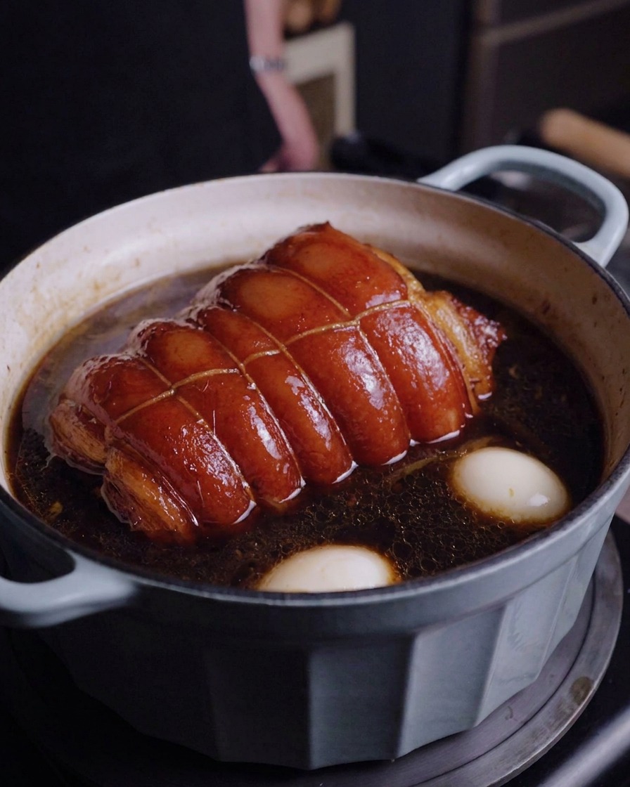 Un rouleau de porc braisé et deux œufs mollets immergés dans une sauce brune foncée dans une cocotte.