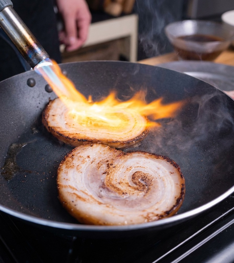 Un chalumeau de cuisine enflammant la surface de tranches épaisses de porc chashu dans une poêle noire.