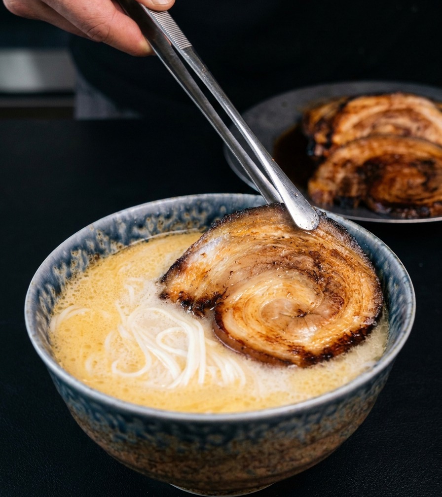 Une pince métallique déposant une tranche de porc caramélisée dans un bol de ramen crémeux.