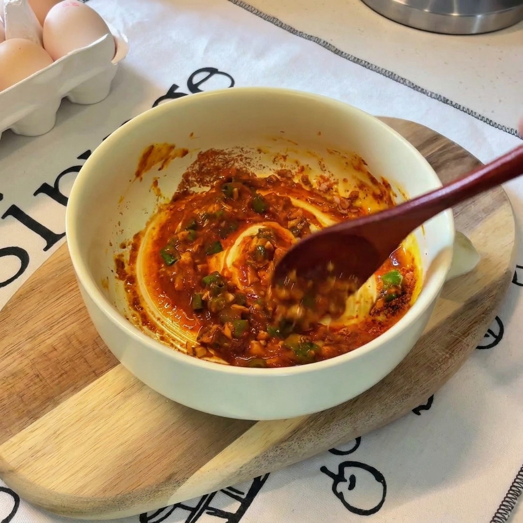 Une cuillère en bois mélangeant une sauce orange épaisse avec des oignons verts émincés dans un petit bol en céramique jaune.