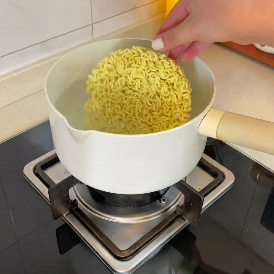 Une main déposant un bloc rond de nouilles ramen instantanées déshydratées dans une casserole deau bouillante.