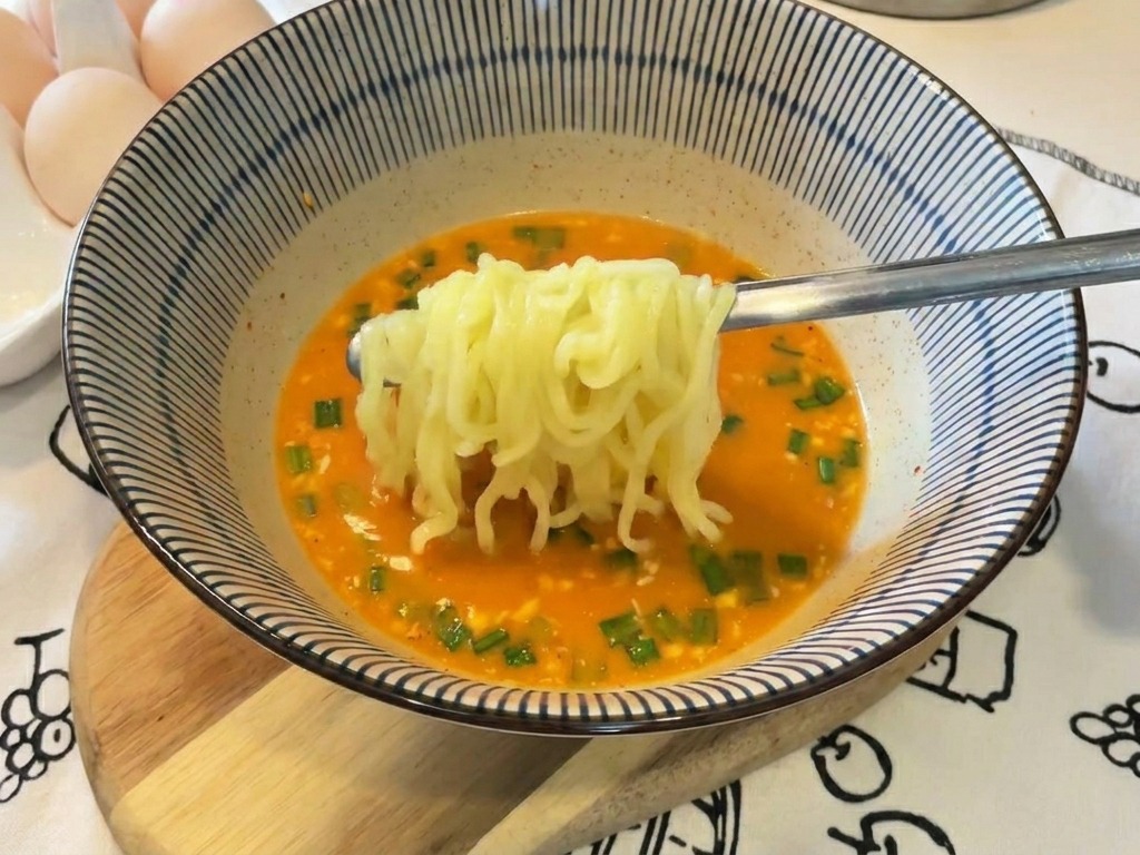Une portion de nouilles jaunes ondulées soulevées par des baguettes en métal au-dessus dun bol de soupe ramen à lorange crémeuse.