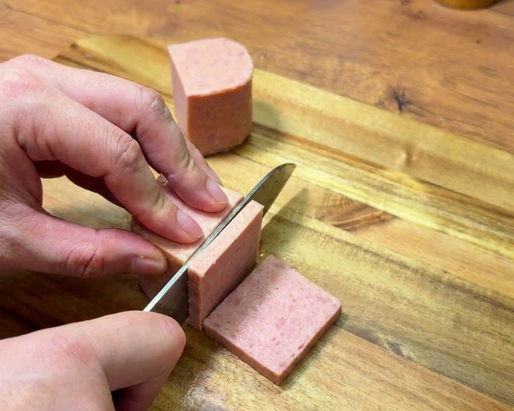 Une personne utilisant un couteau de cuisine pour couper un bloc de pâté de porc rose en tranches rectangulaires épaisses sur une planche à découper.