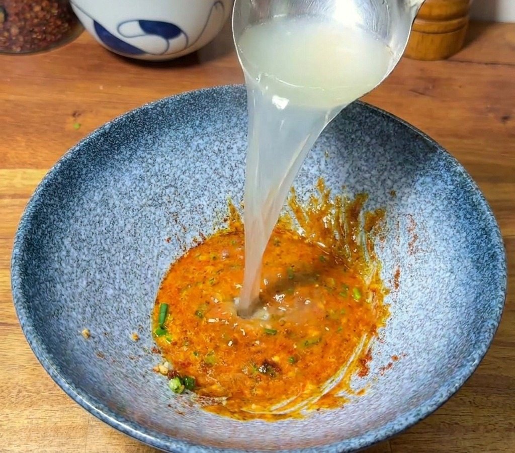 Une louche en argent versant de leau bouillante et fumante dans un bol de pâte dassaisonnement pour créer un bouillon de ramen orange crémeux.