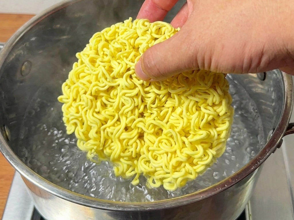 Une main déposant un bloc rond de nouilles instantanées jaunes et sèches dans une casserole deau bouillante.