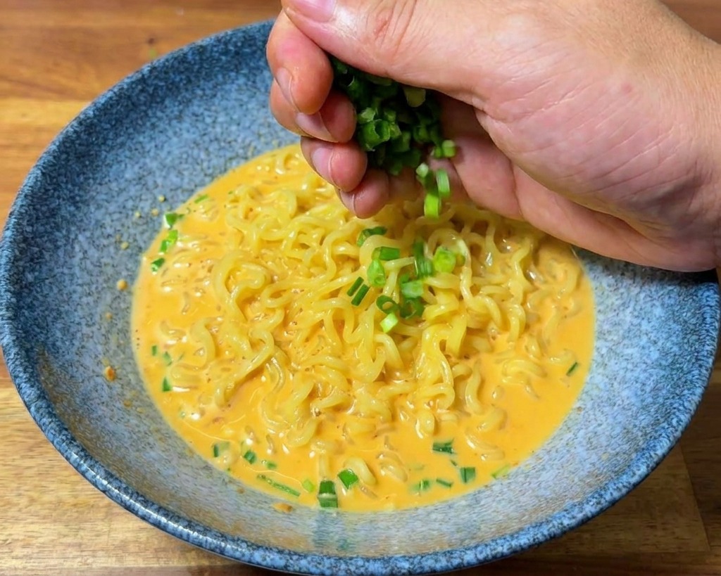 Une main saupoudrant une poignée doignons verts ciselés sur un bol de ramen dans un bouillon crémeux.