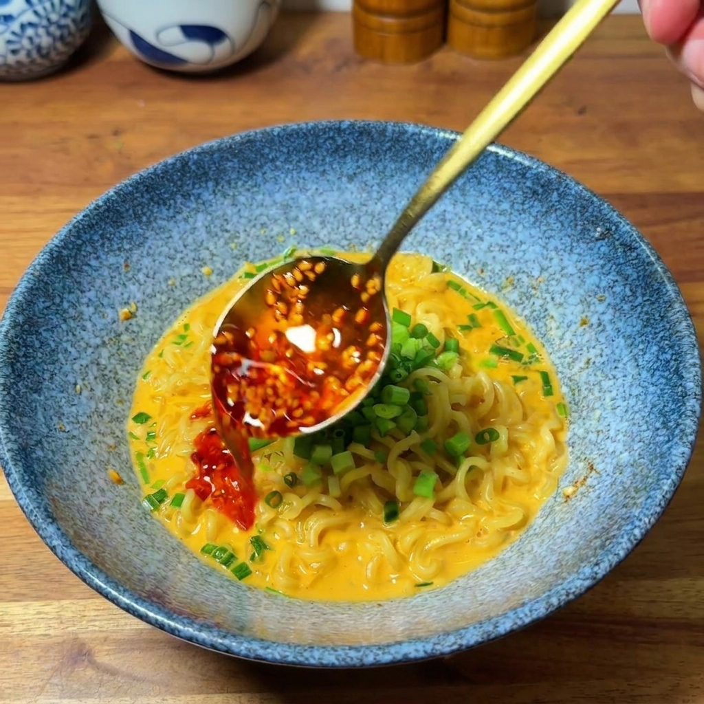 Une cuillère dorée versant de lhuile pimentée rouge vif et des graines de sésame sur un bol de ramen crémeux garni doignons verts.