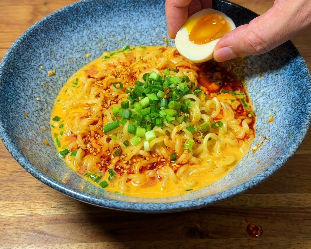 Une main plaçant la moitié dun œuf mollet au jaune dor coulant sur un bol de nouilles ramen.