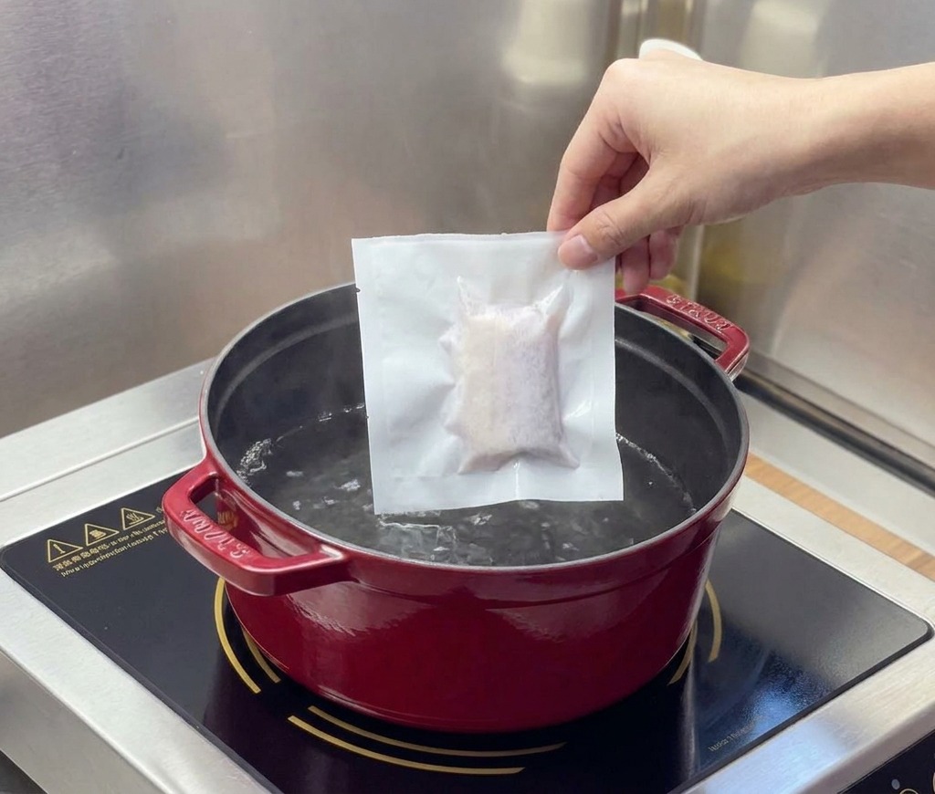 Une main tient un sachet de viande sous vide au-dessus dune casserole deau fumante sur une plaque à induction.