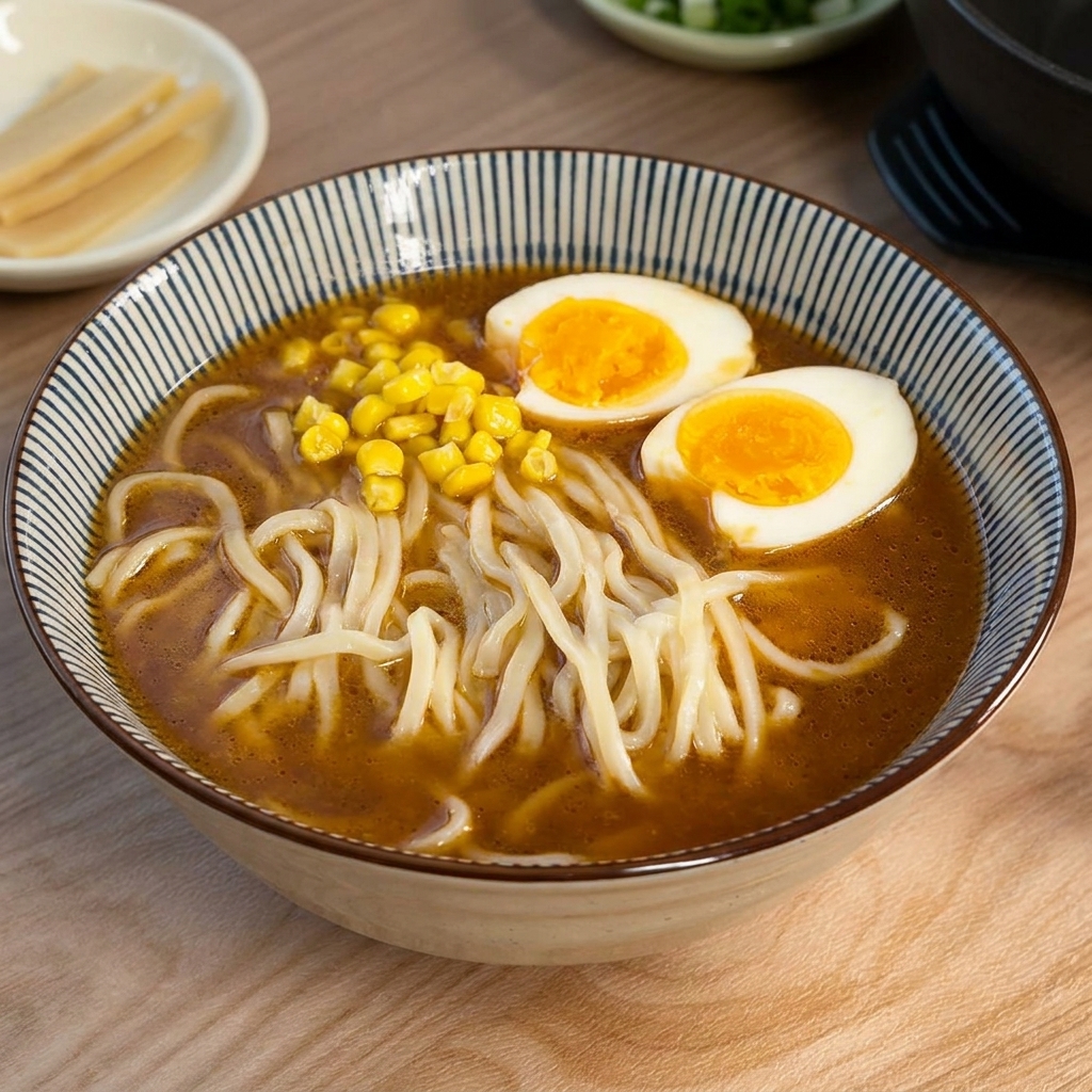 Des grains de maïs jaune vif sur des nouilles ramen dans un bol de soupe miso à côté dun œuf.