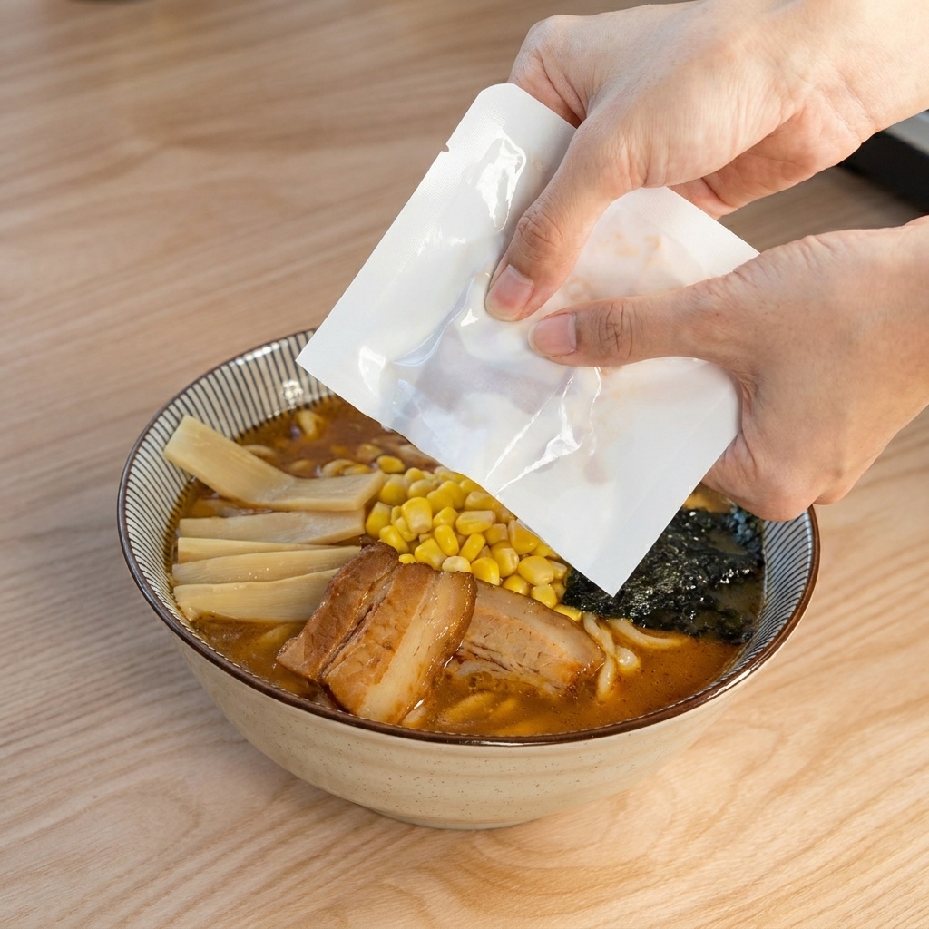 Une main faisant glisser une tranche de porc chashu mariné dun sachet plastique sur le bol de ramen.