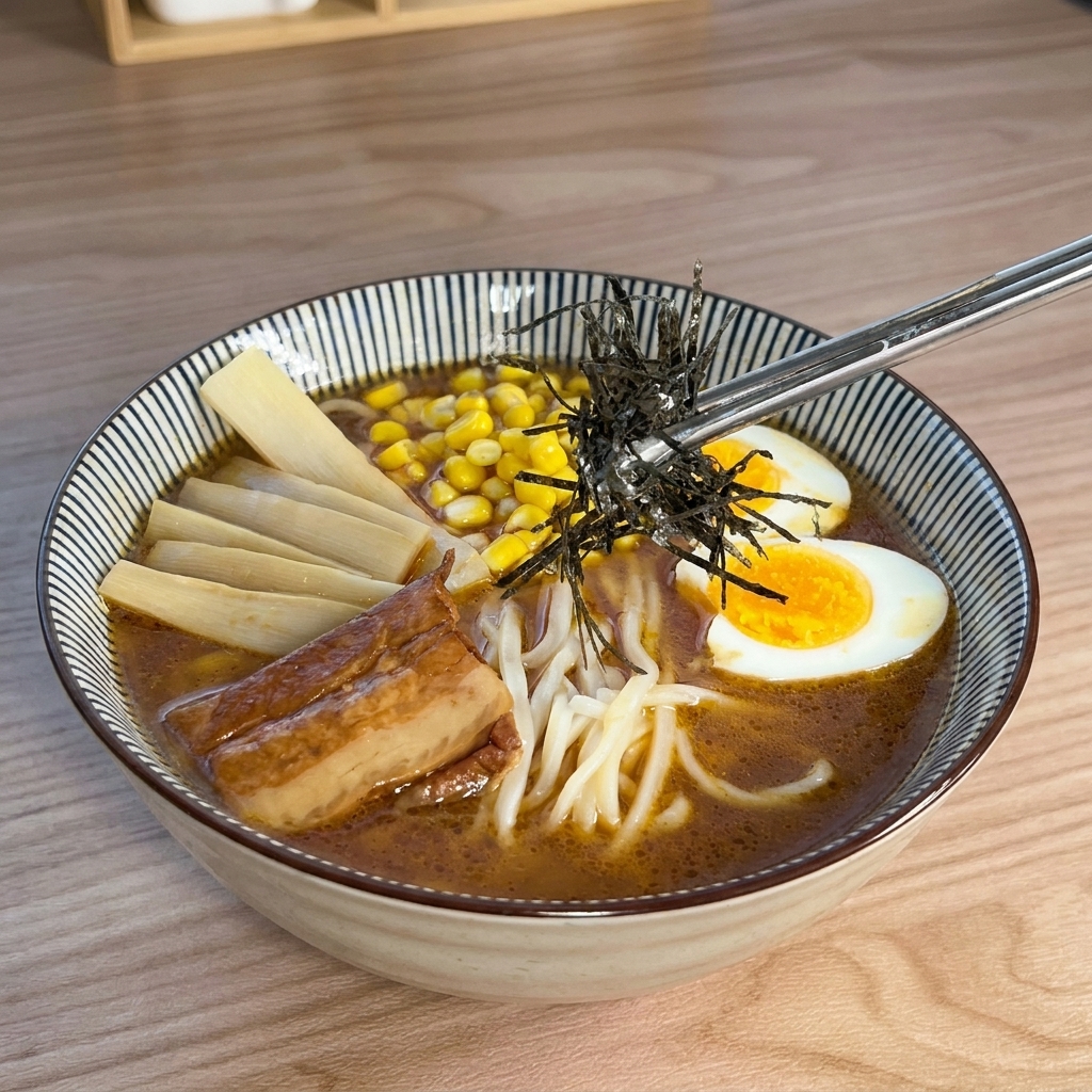Des baguettes métalliques posant du nori noir ciselé sur un bol de ramen terminé.