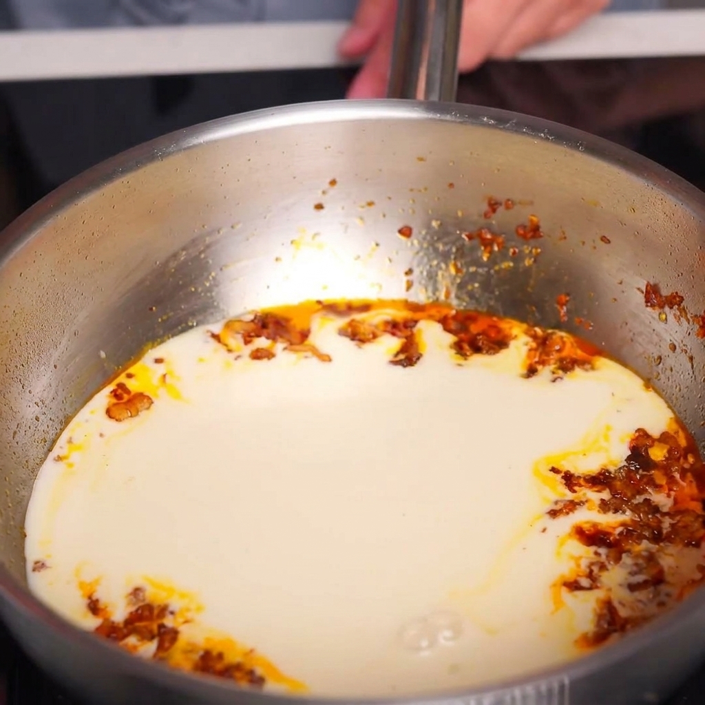 Poêle en inox remplie dun bouillon crémeux orange pâle avec quelques gouttelettes dhuile en surface.
