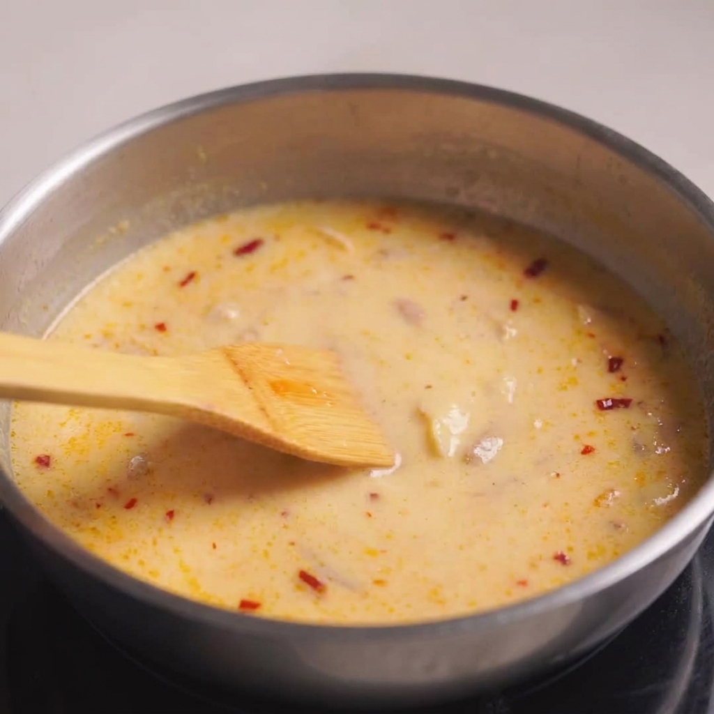 Une spatule en bois remuant doucement le bouillon de ramen orangé pour bien lier tous les ingrédients.