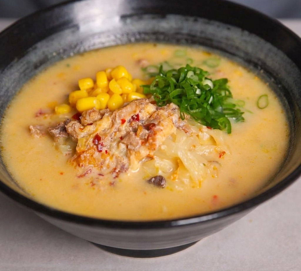 Gros plan dun bol de ramen avec des rondelles doignons verts frais parsemées à côté du maïs jaune.