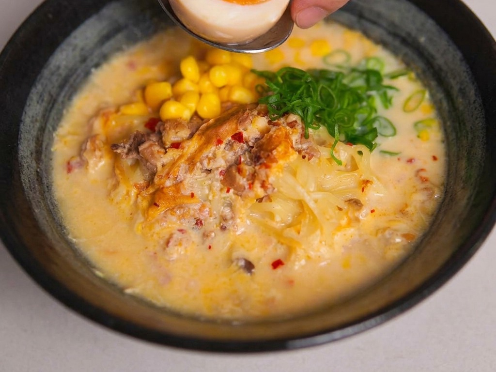 Une main déposant délicatement un demi-œuf mollet au jaune orangé brillant sur le bol de ramen terminé.