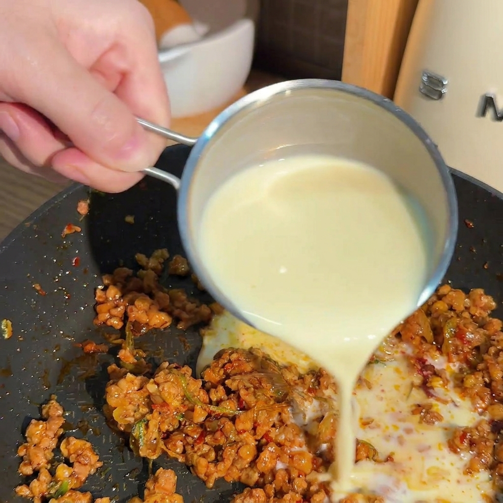 Du lait de soja blanc frais versé depuis une tasse en inox dans une poêle contenant la viande hachée et la sauce rouge.