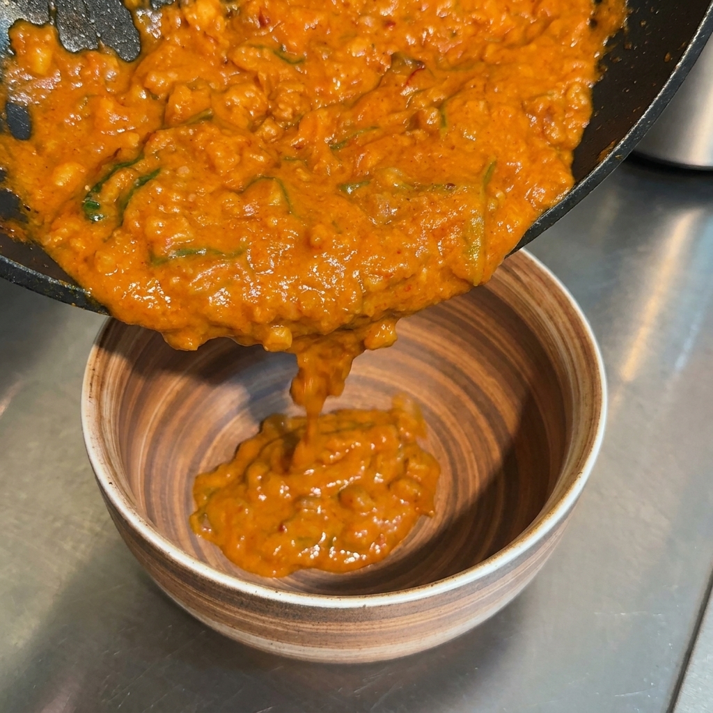 Une sauce miso épaisse de couleur orange versée depuis une poêle noire dans un bol en céramique aux motifs bois.