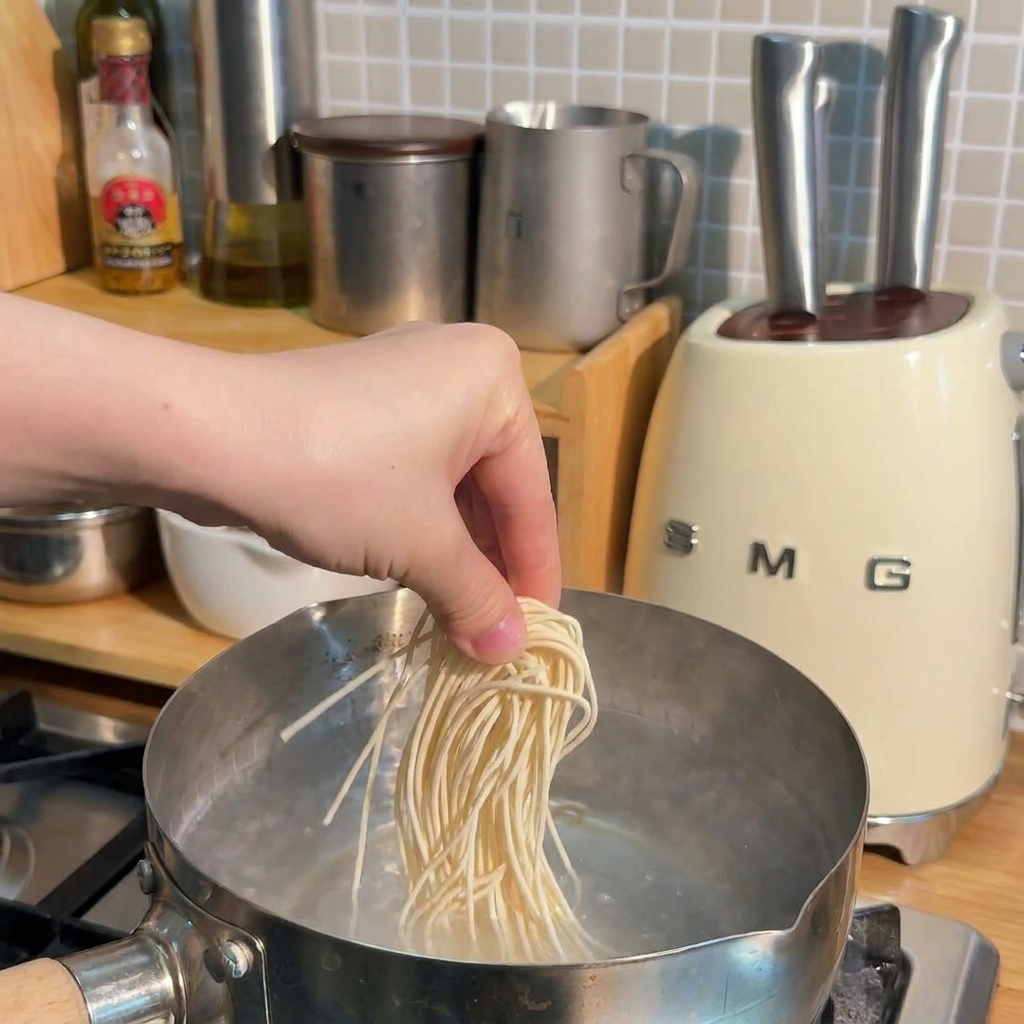 Un paquet de longues nouilles ramen sèches plongées dans une casserole deau bouillante en inox.