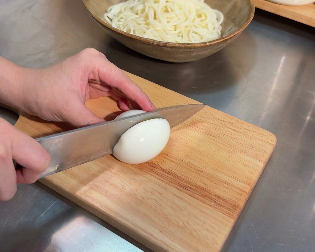 Un couteau de cuisine tranchant coupant au milieu dun œuf mollet sur une planche à découper en bois clair.