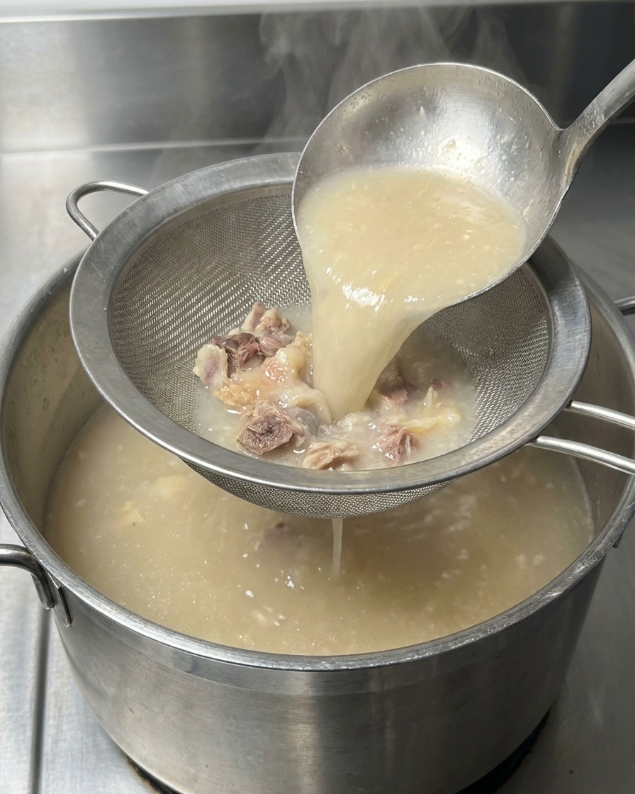 Bouillon de porc laiteux versé à travers un tamis métallique dans une nouvelle marmite.