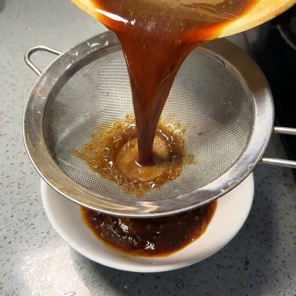 Sauce concentrée sombre filtrée à travers un tamis métallique dans un bol en céramique blanche.