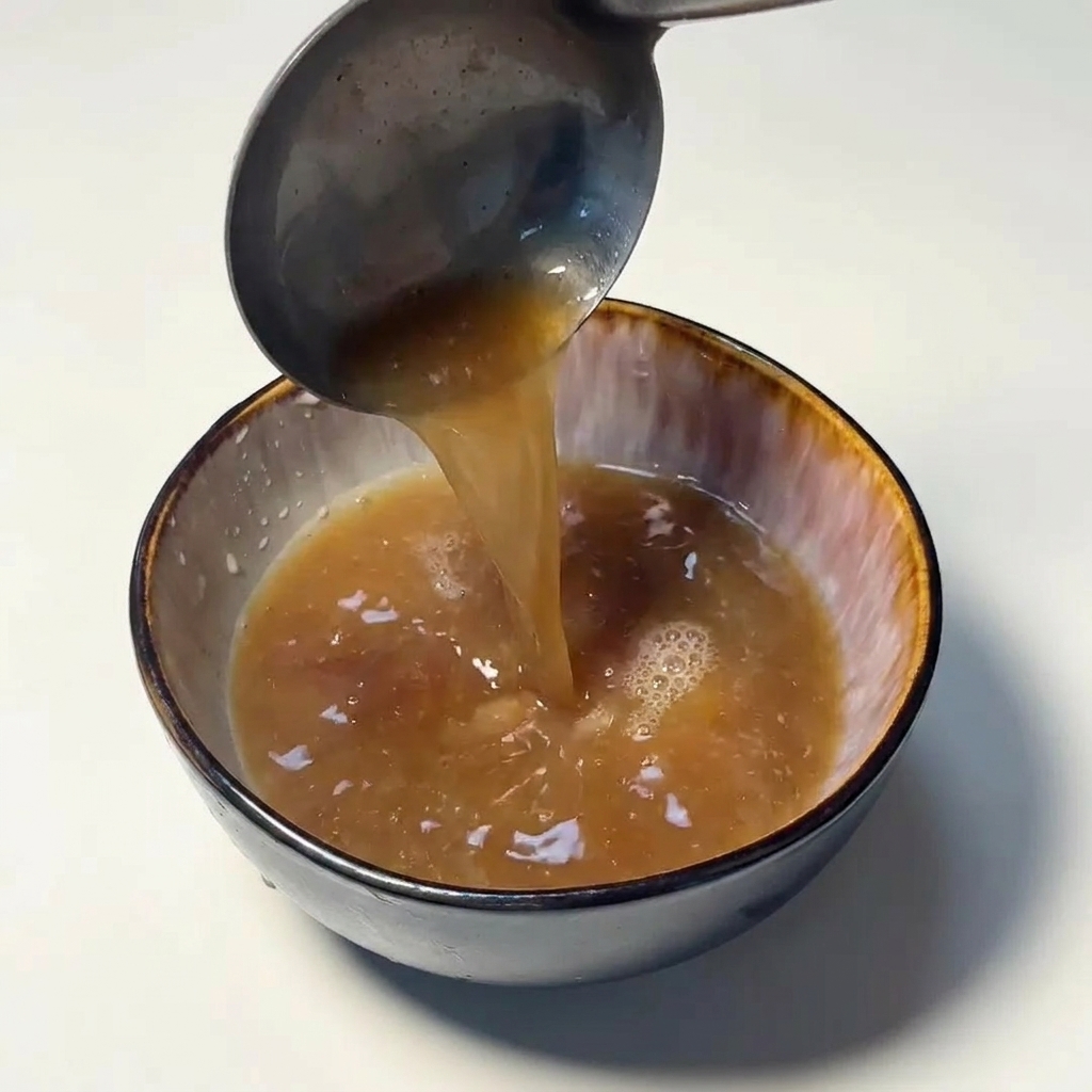 Une louche métallique versant un filet de bouillon de porc opaque dans le bol de service.