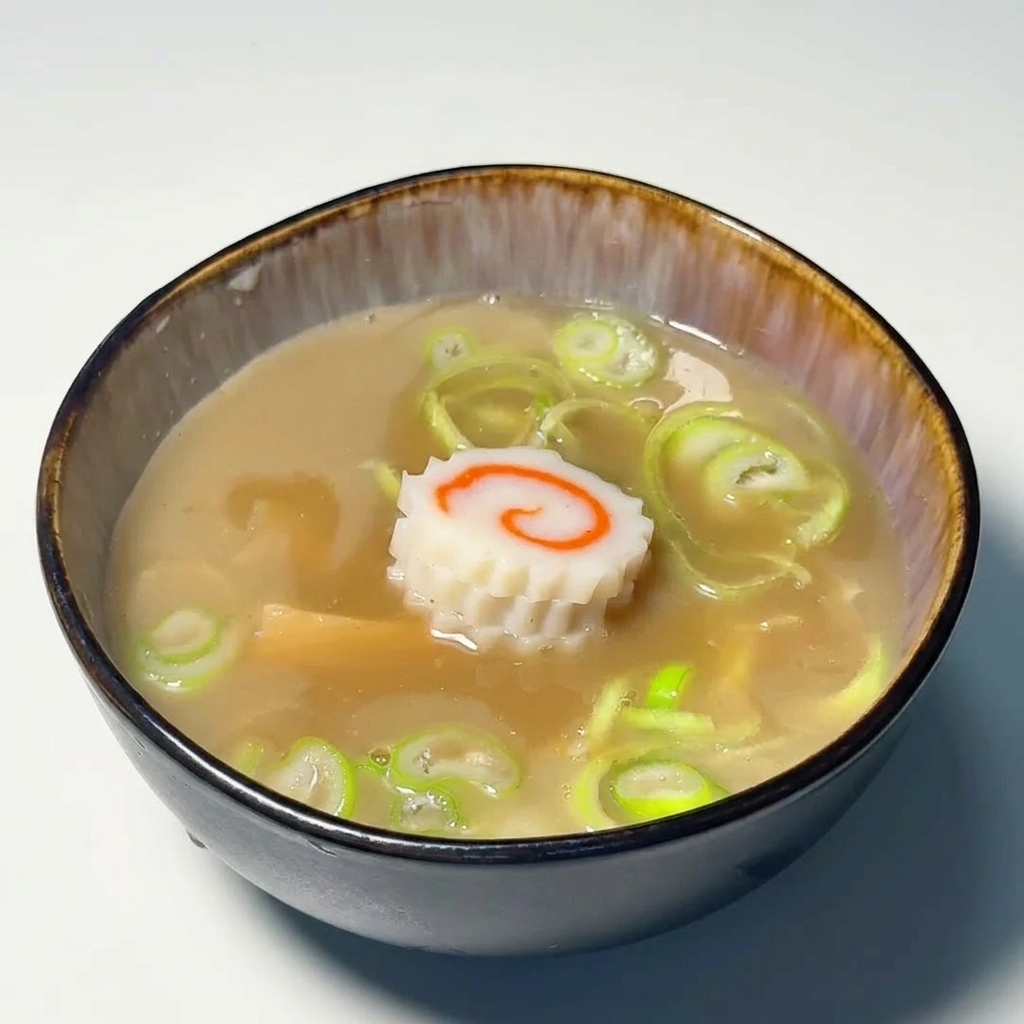Bol de bouillon avec narutomaki, pousses de bambou et oignons verts.