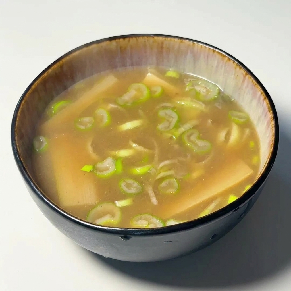 Le bol de bouillon final pour tsukemen avec les garnitures flottant dans un bouillon riche.
