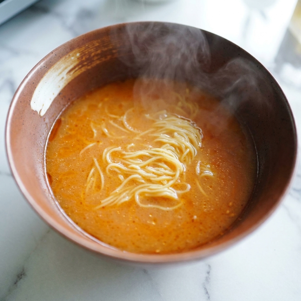 Nouilles ramen jaunes déposées dans un bol rempli de bouillon miso orangé.