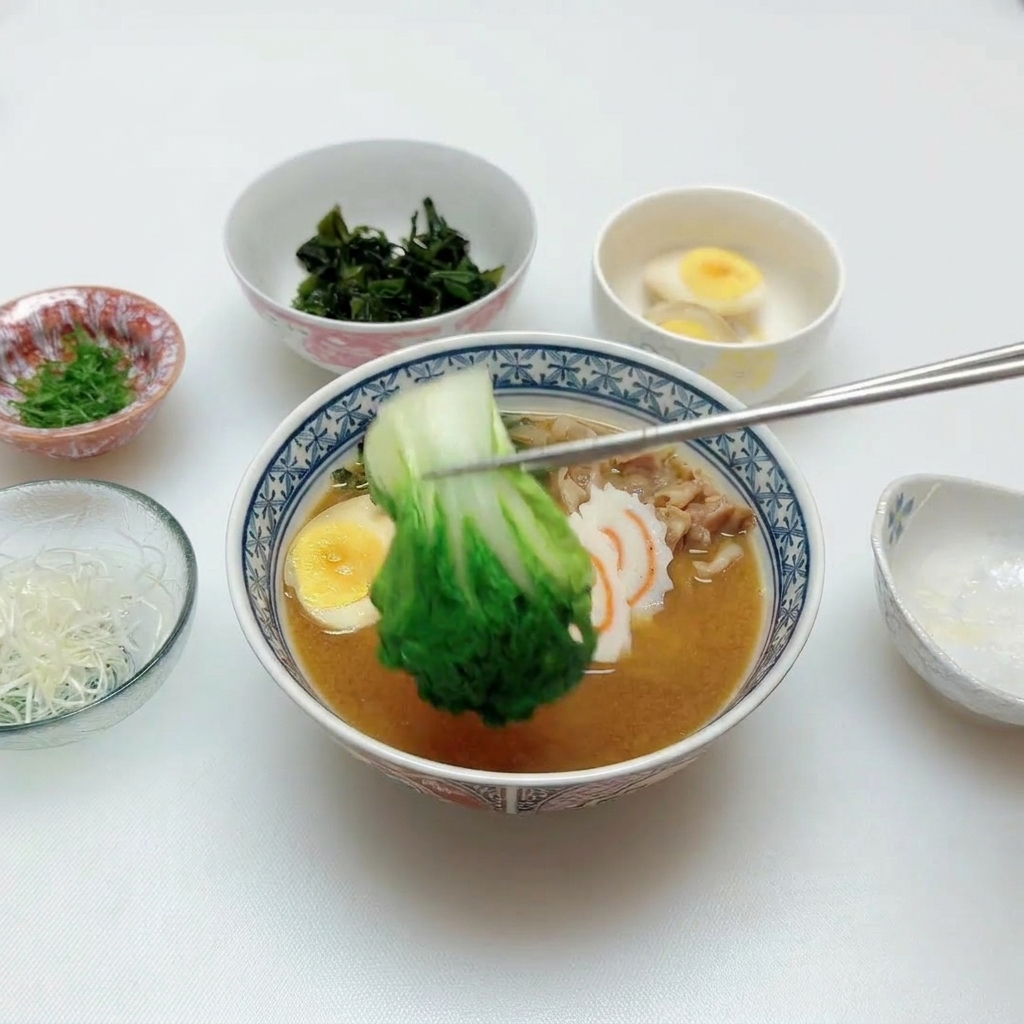 Une main utilisant des baguettes pour disposer du bok choy sur le bol de ramen fini.