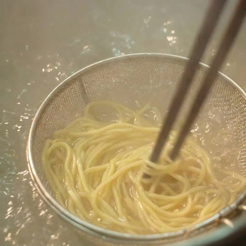 Gros plan de baguettes en bois remuant des nouilles ramen jaunes dans une passoire immergée dans leau bouillante.